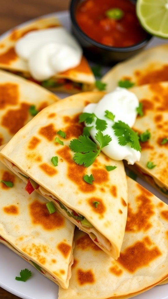Oven-Baked Quesadilla Recipe Oven-baked quesadillas filled with cheese and vegetables, served with salsa and sour cream.